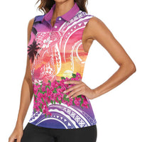 Guam Latte Stone with Map Women Sleeveless Polo Shirt Bougainvillea Beach Sunset