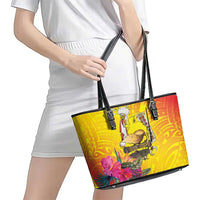 Papua New Guinea Cultural Tropical Flowers Leather Tote Bag