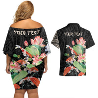 Personalized Japanese Koi Fish Couples Matching Off Shoulder Short Dress and Hawaiian Shirt with Polynesian Pattern LT9 - Polynesian Pride