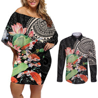 Personalized Japanese Koi Fish Couples Matching Off Shoulder Short Dress and Long Sleeve Button Shirt with Polynesian Pattern LT9 Black - Polynesian Pride