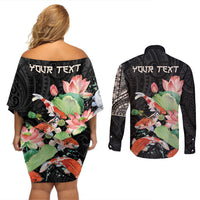 Personalized Japanese Koi Fish Couples Matching Off Shoulder Short Dress and Long Sleeve Button Shirt with Polynesian Pattern LT9 - Polynesian Pride