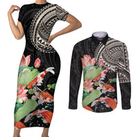 Personalized Japanese Koi Fish Couples Matching Short Sleeve Bodycon Dress and Long Sleeve Button Shirt with Polynesian Pattern LT9 Black - Polynesian Pride