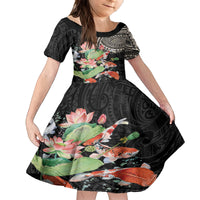 Personalized Japanese Koi Fish Family Matching Off Shoulder Short Dress and Hawaiian Shirt with Polynesian Pattern LT9 Daughter's Dress Black - Polynesian Pride