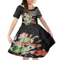 Personalized Japanese Koi Fish Family Matching Short Sleeve Bodycon Dress and Hawaiian Shirt with Polynesian Pattern LT9 Daughter's Dress Black - Polynesian Pride