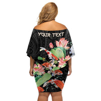 Personalized Japanese Koi Fish Off Shoulder Short Dress with Polynesian Pattern LT9 - Polynesian Pride
