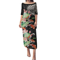 Personalized Japanese Koi Fish Puletasi with Polynesian Pattern LT9 Long Dress Black - Polynesian Pride