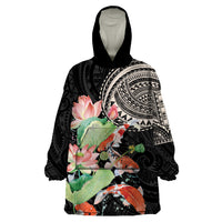 Personalized Japanese Koi Fish Wearable Blanket Hoodie with Polynesian Pattern LT9 One Size Black - Polynesian Pride