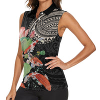 Personalized Japanese Koi Fish Women Sleeveless Polo Shirt with Polynesian Pattern