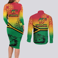 Hapi 45th Indipendens Dei Vanuatu Couples Matching Long Sleeve Bodycon Dress and Long Sleeve Button Shirt Yumi 1980 with Vanuatuan Beach Landscape