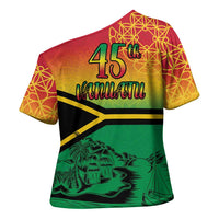 Hapi 45th Indipendens Dei Vanuatu Cross Shoulder Shirt Yumi 1980 with Vanuatuan Beach Landscape LT9 - Polynesian Pride