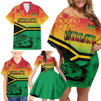 Hapi 45th Indipendens Dei Vanuatu Family Matching Off Shoulder Short Dress and Hawaiian Shirt Yumi 1980 with Vanuatuan Beach Landscape