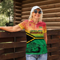 Hapi 45th Indipendens Dei Vanuatu Women Polo Shirt Yumi 1980 with Vanuatuan Beach Landscape