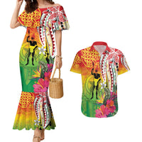 Vanuatu 45th Anniversary Couples Matching Mermaid Dress and Hawaiian Shirt Polynesian with Sand Drawing Pattern LT9 Red - Polynesian Pride