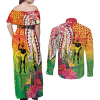 Vanuatu 45th Anniversary Couples Matching Off Shoulder Maxi Dress and Long Sleeve Button Shirt Polynesian with Sand Drawing Pattern LT9 - Polynesian Pride