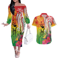 Vanuatu 45th Anniversary Couples Matching Off The Shoulder Long Sleeve Dress and Hawaiian Shirt Polynesian with Sand Drawing Pattern LT9 Red - Polynesian Pride
