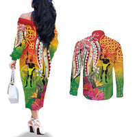 Vanuatu 45th Anniversary Couples Matching Off The Shoulder Long Sleeve Dress and Long Sleeve Button Shirt Polynesian with Sand Drawing Pattern LT9 - Polynesian Pride