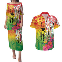 Vanuatu 45th Anniversary Couples Matching Puletasi and Hawaiian Shirt Polynesian with Sand Drawing Pattern LT9 Red - Polynesian Pride
