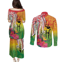 Vanuatu 45th Anniversary Couples Matching Puletasi and Long Sleeve Button Shirt Polynesian with Sand Drawing Pattern LT9 - Polynesian Pride