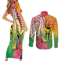 Vanuatu 45th Anniversary Couples Matching Short Sleeve Bodycon Dress and Long Sleeve Button Shirt Polynesian with Sand Drawing Pattern LT9 - Polynesian Pride