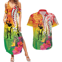 Vanuatu 45th Anniversary Couples Matching Summer Maxi Dress and Hawaiian Shirt Polynesian with Sand Drawing Pattern LT9 Red - Polynesian Pride