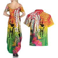 Vanuatu 45th Anniversary Couples Matching Summer Maxi Dress and Hawaiian Shirt Polynesian with Sand Drawing Pattern LT9 - Polynesian Pride