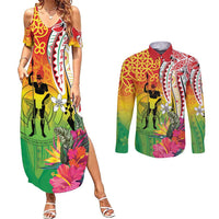 Vanuatu 45th Anniversary Couples Matching Summer Maxi Dress and Long Sleeve Button Shirt Polynesian with Sand Drawing Pattern LT9 Red - Polynesian Pride
