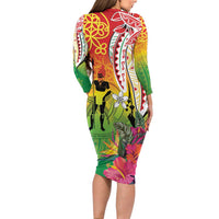 Vanuatu 45th Anniversary Family Matching Long Sleeve Bodycon Dress and Hawaiian Shirt Polynesian with Sand Drawing Pattern