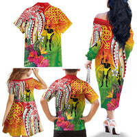 Vanuatu 45th Anniversary Family Matching Off The Shoulder Long Sleeve Dress and Hawaiian Shirt Polynesian with Sand Drawing Pattern