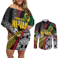Vanuatu Proud to be Ni-van Personalised Couples Matching Off Shoulder Short Dress and Long Sleeve Button Shirt with Mutis En Atan Patterns LT9 Black - Polynesian Pride