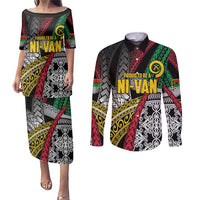 Vanuatu Proud to be Ni-van Personalised Couples Matching Puletasi and Long Sleeve Button Shirt with Mutis En Atan Patterns LT9 Black - Polynesian Pride
