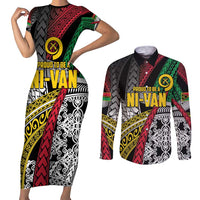 Vanuatu Proud to be Ni-van Personalised Couples Matching Short Sleeve Bodycon Dress and Long Sleeve Button Shirt with Mutis En Atan Patterns LT9 Black - Polynesian Pride