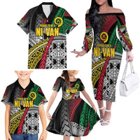 Vanuatu Proud to be Ni-van Personalised Family Matching Off The Shoulder Long Sleeve Dress and Hawaiian Shirt with Mutis En Atan Patterns