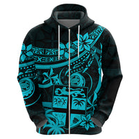Fiji Islands Hoodie Coat of Arms Fijian Flower Polynesian Pattern Aqua LT9 - Polynesian Pride