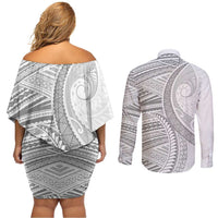 American Samoa White Sunday Couples Matching Off Shoulder Short Dress and Long Sleeve Button Shirt Polynesian Lotu Tamaiti - Polynesian Pride