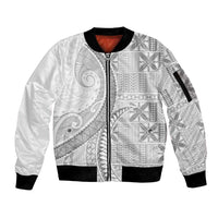 Niue White Sunday Sleeve Zip Bomber Jacket Niuean Lotu Tamaiti Hiapo Pattern - Polynesian Pride