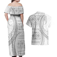 Polynesian White Sunday Couples Matching Off Shoulder Maxi Dress and Hawaiian Shirt Lotu Tamaiti Melanesian Pattern LT9 - Polynesian Pride