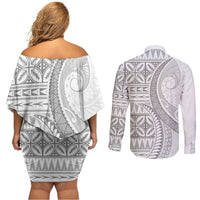 Polynesian White Sunday Couples Matching Off Shoulder Short Dress and Long Sleeve Button Shirt Lotu Tamaiti Melanesian Pattern LT9 - Polynesian Pride