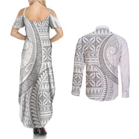 Polynesian White Sunday Couples Matching Summer Maxi Dress and Long Sleeve Button Shirt Lotu Tamaiti Melanesian Pattern LT9 - Polynesian Pride