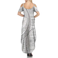 Polynesian White Sunday Summer Maxi Dress Lotu Tamaiti Melanesian Pattern - Polynesian Pride