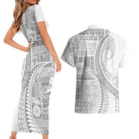Samoa Siapo White Sunday Couples Matching Short Sleeve Bodycon Dress and Hawaiian Shirt Lotu Tamaiti Polynesian White Pattern - Polynesian Pride