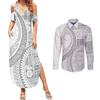 Samoa Siapo White Sunday Couples Matching Summer Maxi Dress and Long Sleeve Button Shirt Lotu Tamaiti Polynesian White Pattern - Polynesian Pride