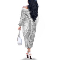 Samoa Siapo White Sunday Family Matching Off The Shoulder Long Sleeve Dress and Hawaiian Shirt Lotu Tamaiti Polynesian White Pattern - Polynesian Pride