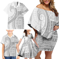 Samoa Siapo White Sunday Family Matching Off Shoulder Short Dress and Hawaiian Shirt Lotu Tamaiti Polynesian White Pattern - Polynesian Pride