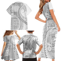 Samoa Siapo White Sunday Family Matching Short Sleeve Bodycon Dress and Hawaiian Shirt Lotu Tamaiti Polynesian White Pattern - Polynesian Pride
