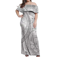 Samoa Siapo White Sunday Off Shoulder Maxi Dress Lotu Tamaiti Polynesian White Pattern - Polynesian Pride