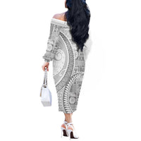 Samoa Siapo White Sunday Off The Shoulder Long Sleeve Dress Lotu Tamaiti Polynesian White Pattern - Polynesian Pride