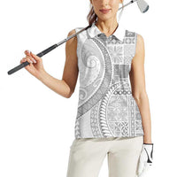 Samoa Siapo White Sunday Women Sleeveless Polo Shirt Lotu Tamaiti Polynesian White Pattern - Polynesian Pride