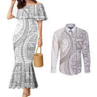 Tonga White Sunday Couples Matching Mermaid Dress and Long Sleeve Button Shirt Lotu Tamaiti Ngatu Tribal - Polynesian Pride