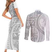 Tonga White Sunday Couples Matching Short Sleeve Bodycon Dress and Long Sleeve Button Shirt Lotu Tamaiti Ngatu Tribal - Polynesian Pride