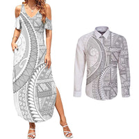 Tonga White Sunday Couples Matching Summer Maxi Dress and Long Sleeve Button Shirt Lotu Tamaiti Ngatu Tribal - Polynesian Pride